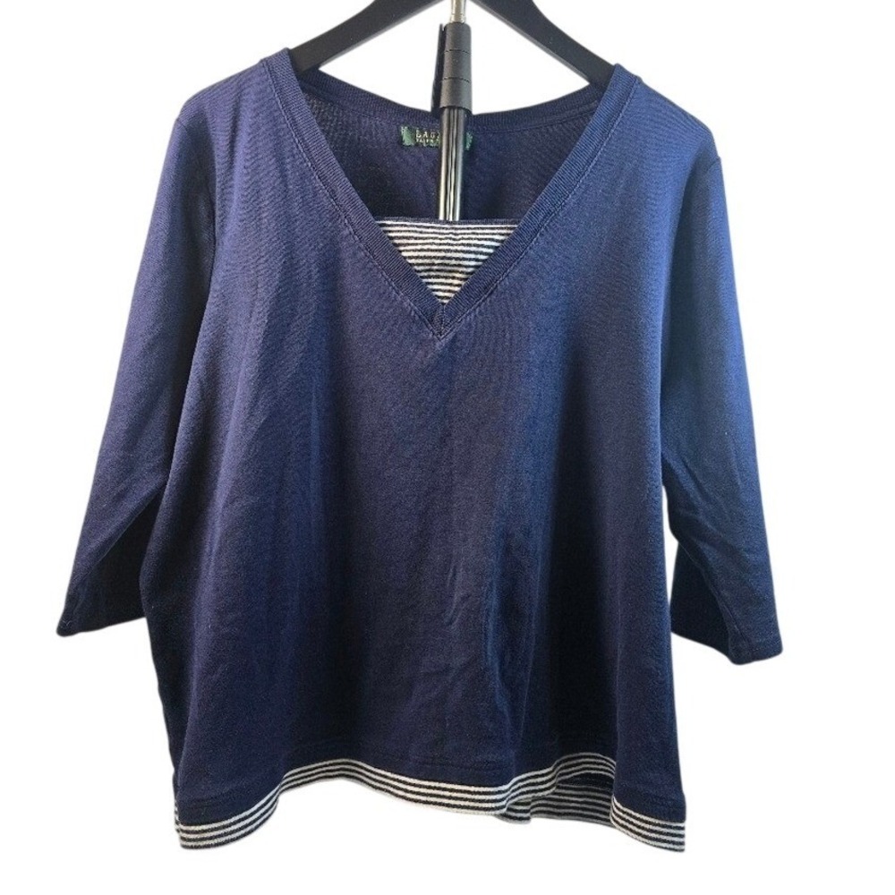 Lauren Ralph Lauren Navy Blue Striped Layered V-Neck Sweater Women XL 3/4 Sleeve